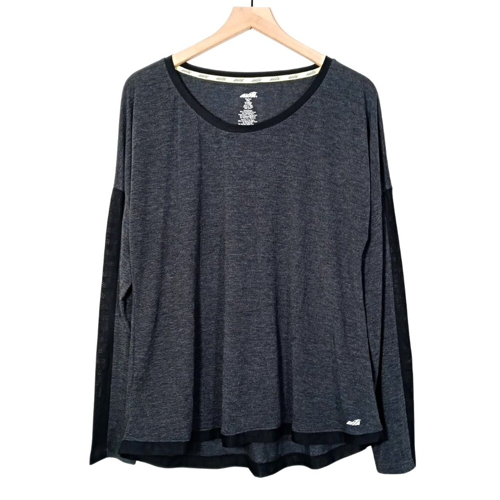 Avia Womens Round Neck Performance T-Shirt Black Gray Long Sleeve Size XXL